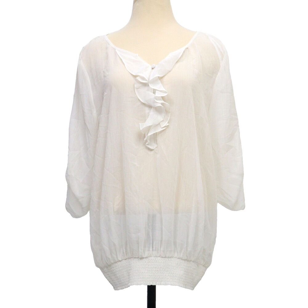 Torrid Top Womens 0‎ Large White Blouse Sheer Ruffled Casual 3/4 Roll Up Sleeve